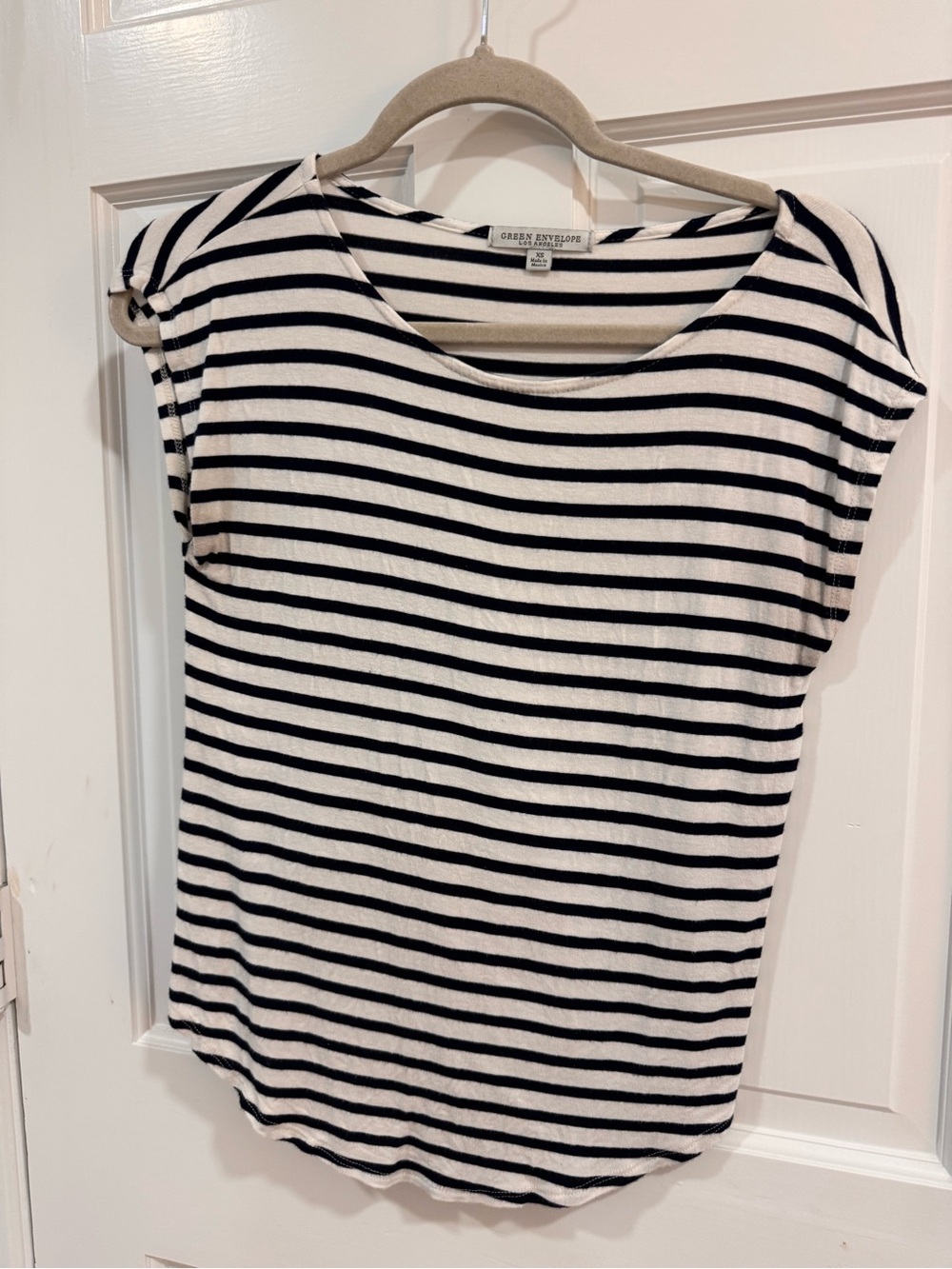 Green Envelope Black and White Striped Cap-Sleeve Tee